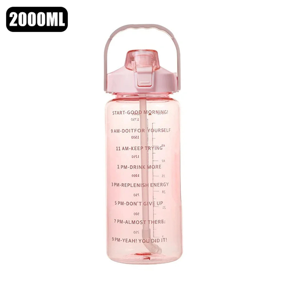2L Water Bottle with Time Marker, Leak Proof, Non-Slip, Plastic Portable Travel Water Bottle Fitness Cup With Cute Stickes