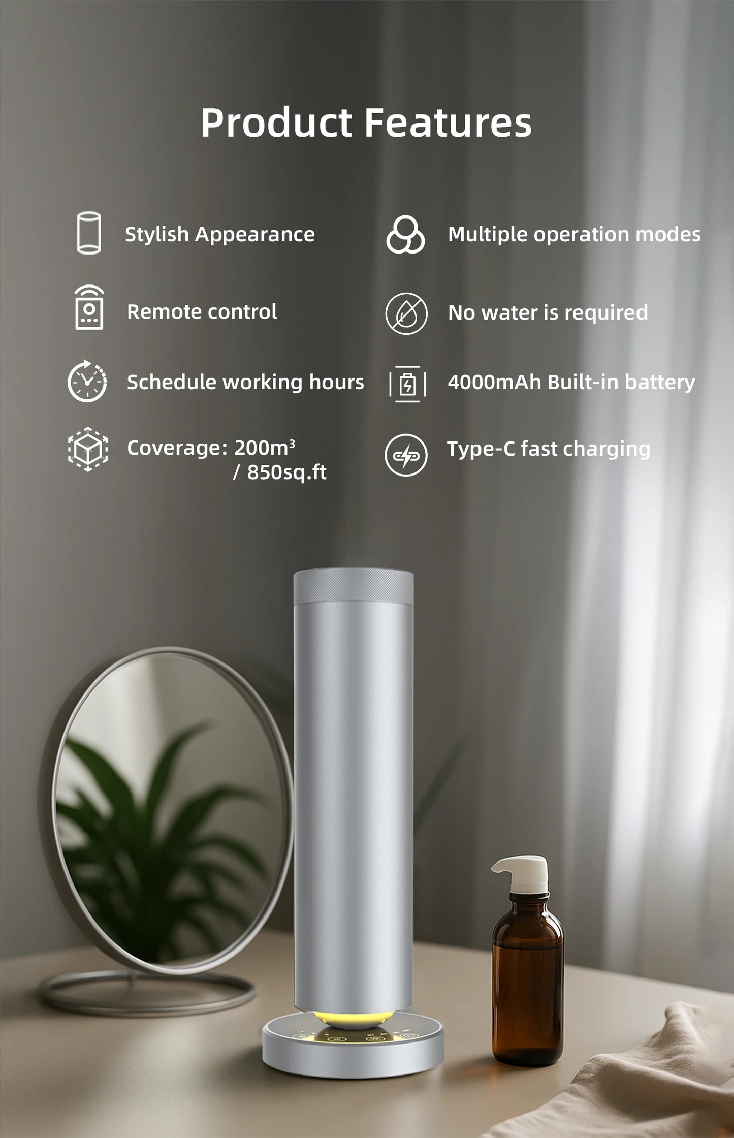 Modern Wireless Essential Oil Diffuser With Waterless Technology and Nebulizing Function for Aromatherapy and Home Fragrance