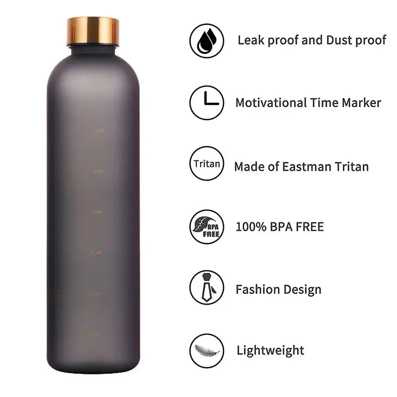 New 1L Water Bottle with Time Stamp BPA Free Reusable Fitness Sports Outdoor Travel Leakproof Water Cup Frosted Kettle