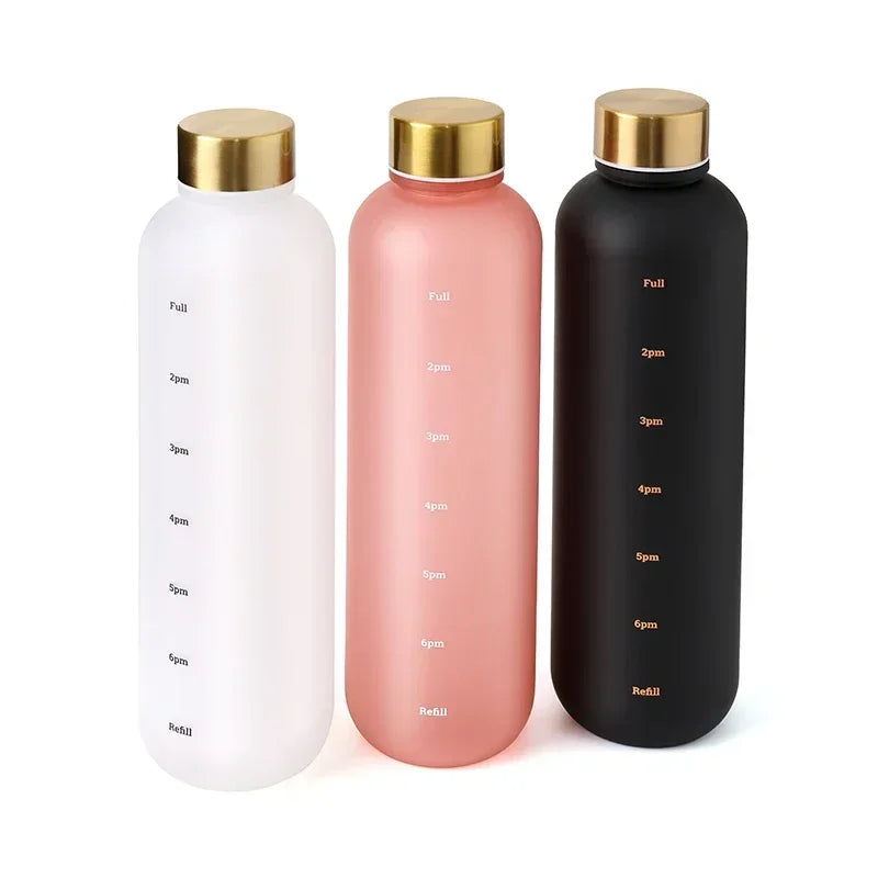 New 1L Water Bottle with Time Stamp BPA Free Reusable Fitness Sports Outdoor Travel Leakproof Water Cup Frosted Kettle