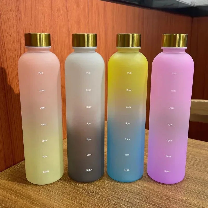 New 1L Water Bottle with Time Stamp BPA Free Reusable Fitness Sports Outdoor Travel Leakproof Water Cup Frosted Kettle