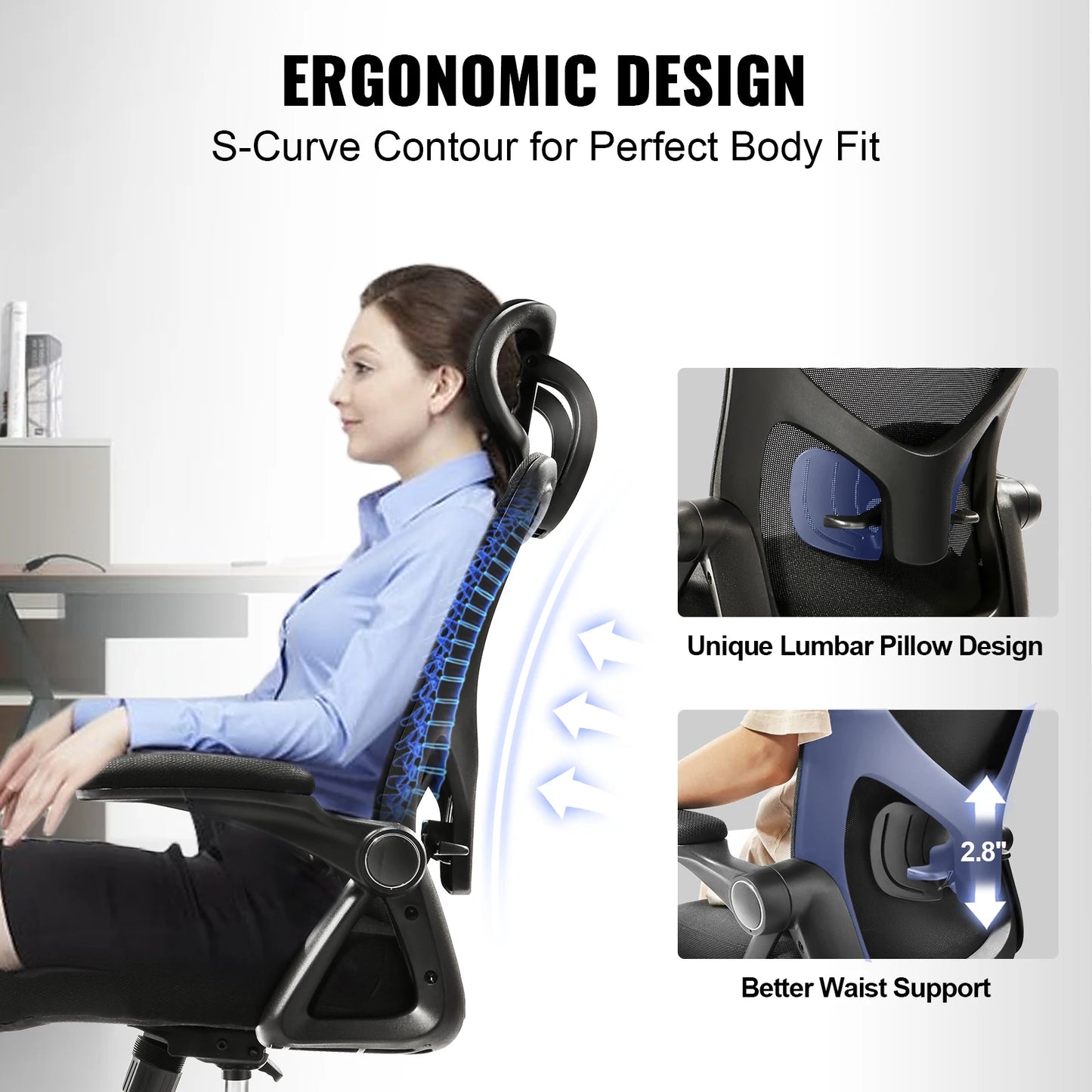 SucceBuy Ergonomic Office Chair w/ Slide Seat/ Mesh Seat/ Adjustable Lumbar Support Angle & Height Adjustable Home Office Chair