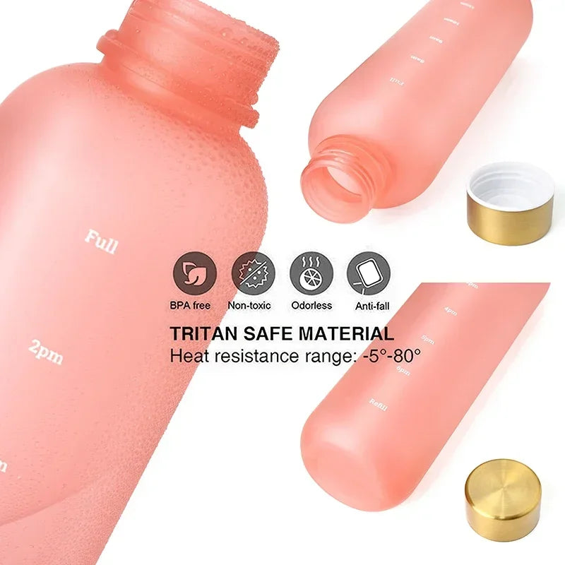 New 1L Water Bottle with Time Stamp BPA Free Reusable Fitness Sports Outdoor Travel Leakproof Water Cup Frosted Kettle