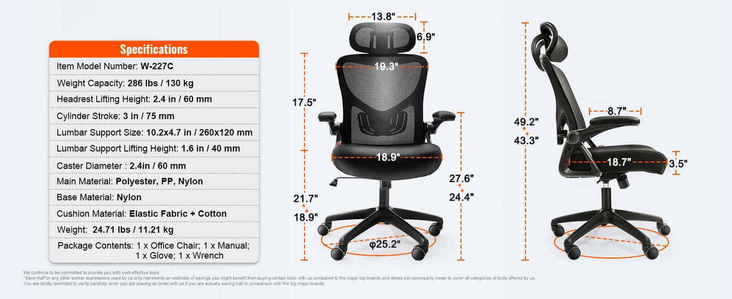 SucceBuy Ergonomic Office Chair w/ Slide Seat/ Mesh Seat/ Adjustable Lumbar Support Angle & Height Adjustable Home Office Chair