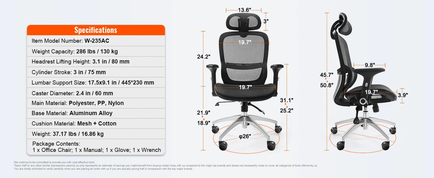 SucceBuy Ergonomic Office Chair w/ Slide Seat/ Mesh Seat/ Adjustable Lumbar Support Angle & Height Adjustable Home Office Chair