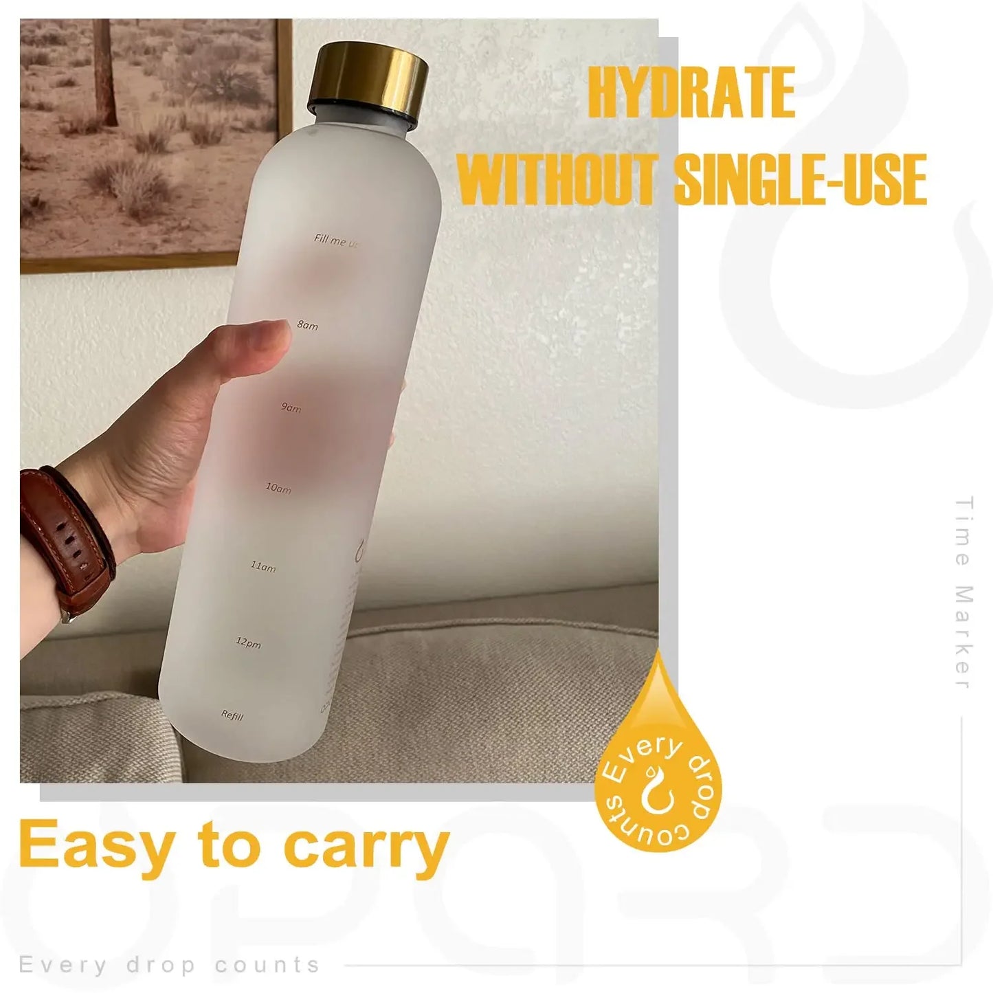New 1L Water Bottle with Time Stamp BPA Free Reusable Fitness Sports Outdoor Travel Leakproof Water Cup Frosted Kettle