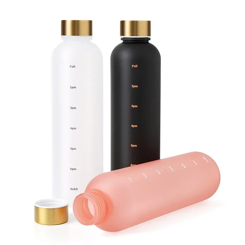 New 1L Water Bottle with Time Stamp BPA Free Reusable Fitness Sports Outdoor Travel Leakproof Water Cup Frosted Kettle